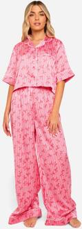 Satin Pyjama Set Met Strikprint Overhemd & Broek, Red - 44