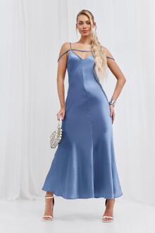 Satin Strappy Plunge Maxi Slip Dress, Blue - 10