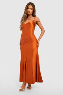 Satin Strappy Plunge Maxi Slip Dress, Orange - 10