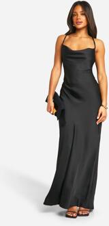 Satin Twist Strap Detail Midaxi Dress, Black - 12