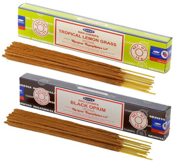 Satya Wierook cadeaus set - 2x geurstokjes - Citroengras en Zwarte Opium geur - Meditatie