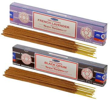 Satya Wierook cadeaus set - 2x geurstokjes - Lavendel en Zwarte Opium geur - Meditatie
