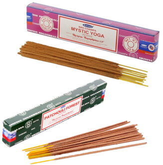 Satya Wierook cadeaus set - 2x geurstokjes - Mystic Yoga en Patchouli Forrest geur - Meditatie