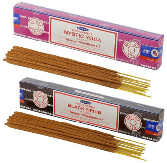 Satya Wierook cadeaus set - 2x geurstokjes - Mystic Yoga en Zwarte Opium geur - Meditatie