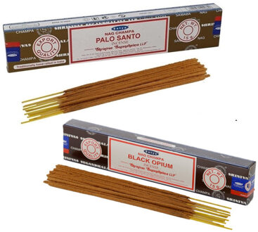 Satya Wierook cadeaus set - 2x geurstokjes - Palo Santo en Zwarte Opium geur - Meditatie