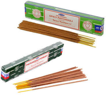 Satya Wierook cadeaus set - 2x geurstokjes - Patchouli en Patchouli Forrest geur - Meditatie
