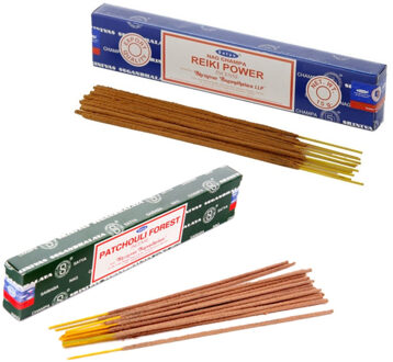 Satya Wierook cadeaus set - 2x geurstokjes - Reiki Power en Patchouli Forrest geur - Meditatie