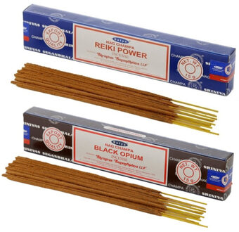 Satya Wierook cadeaus set - 2x geurstokjes - Reiki Power en Zwarte Opium geur - Meditatie