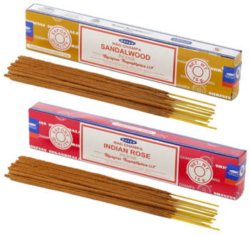 Satya Wierook cadeaus set - 2x geurstokjes - Sandelhout en Rozen bloemen geur - Meditatie
