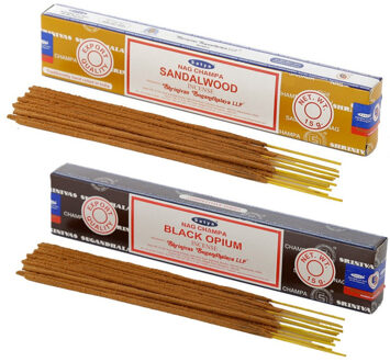 Satya Wierook cadeaus set - 2x geurstokjes - Sandelhout en Zwarte Opium geur - Meditatie