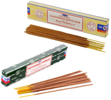Satya Wierook cadeaus set - 2x geurstokjes - Witte Salie en Patchouli Forrest geur - Meditatie