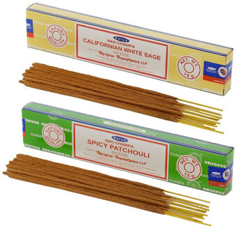 Satya Wierook cadeaus set - 2x geurstokjes - Witte Salie en Patchouli geur - Meditatie