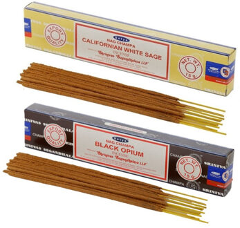 Satya Wierook cadeaus set - 2x geurstokjes - Witte Salie en Zwarte Opium geur - Meditatie