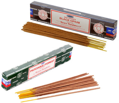 Satya Wierook cadeaus set - 2x geurstokjes - Zwarte Opium en Patchouli Forrest geur - Meditatie