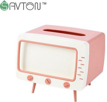 Savton Tv Tissue Dozen Servet Houder Opslag Desktop Papier Houder Dispenser Servet Papier Organizer Met Mobiele Telefoon Houder roze