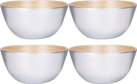 Schaaltje/kommetje - 4x - zilver - bamboe - D14 cm x H7 cm - Kommetjes Zilverkleurig