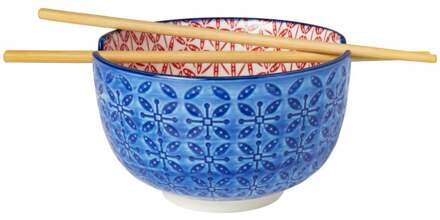 Schaaltje met eetstokjes - blauw/rood - ø14.7x9 cm