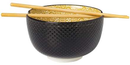 Schaaltje met eetstokjes - geel/zwart - ø14.7x9 cm