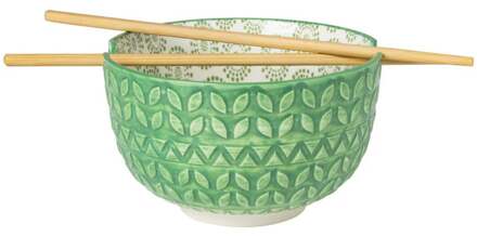 Schaaltje met eetstokjes - groen/wit - ø14.7x9 cm