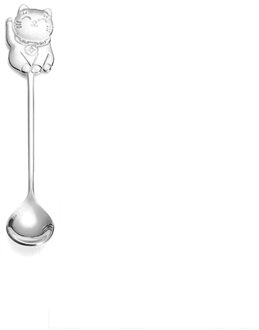 Schattige Geluk Kat Koffie Thee Roer Lepel Lange Handvat Ijs Dessert Lepels Milieuvriendelijke Rvs Servies Keuken Benodigdheden zilver