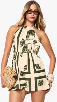 Schelpenprint Linnen Look Geruched Romper, Ecru - 44