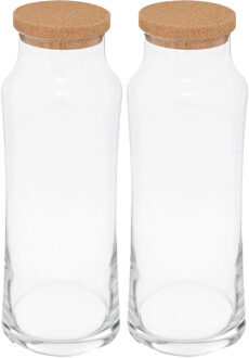 schenkkan/water karaf met kurk dop - 2x - glas - transparant - 1000 ml