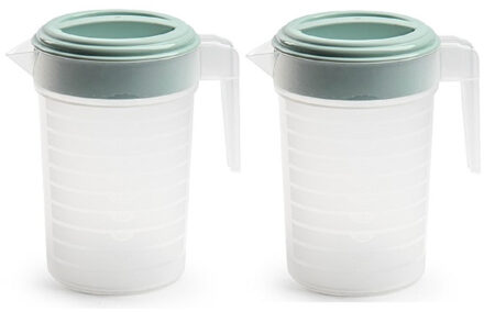 Schenkkan/waterkan met deksel - 2x stuks - 1 liter - mintgroen/ transparant - kunststof