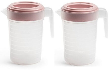 Schenkkan/waterkan met deksel - 2x stuks - 1 liter - roze/ transparant - kunststof