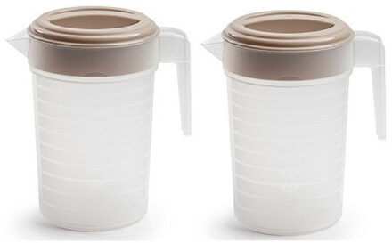 Schenkkan/waterkan met deksel - 2x stuks - 1 liter - taupe/ transparant - kunststof