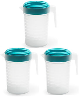 Schenkkan/waterkan met deksel - 3x stuks - 1 liter - blauw/ transparant - kunststof