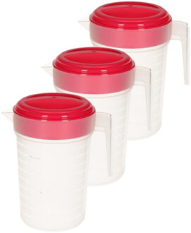 Schenkkan/waterkan met deksel - 3x stuks - 1 liter - fuchsia/ transparant - kunststof