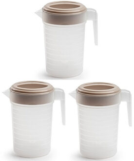 Schenkkan/waterkan met deksel - 3x stuks - 1 liter - taupe/ transparant - kunststof