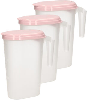 Schenkkannen met deksel roze - 3x stuks - 1,6 Liter - kunststof - waterkan/ sapkan