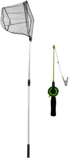 Schepnet/visnet - opvouwbaar - zwart/wit 180cm - incl. vishengel 38cm