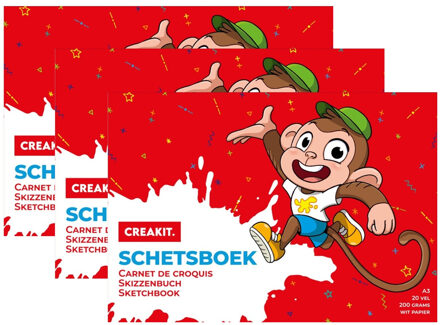 Schetsboek A3 papier - Pakket van 3x stuks - 20 vellen - Tekenboeken A3 papier - groot formaat - Tek