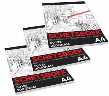 Schetsboek/tekenboek A4 formaat - 3x - wit papier - 50 vellen - 200 grams