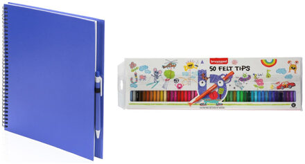 Schetsboek/tekenboek blauw met 50 viltstiften