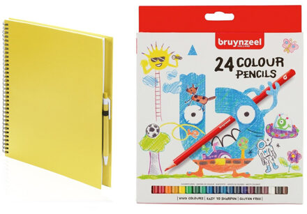 Schetsboek/tekenboek geel met 24 kleurpotloden Blauw