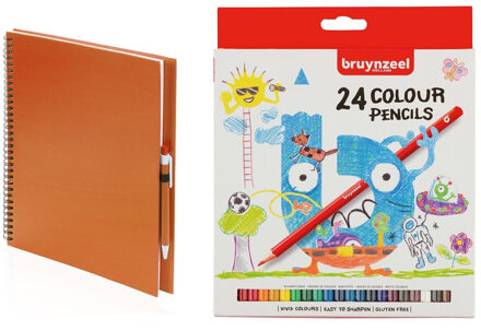 Schetsboek/tekenboek oranje met 24 kleurpotloden
