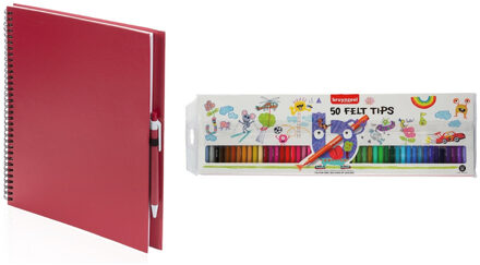 Schetsboek/tekenboek rood met 50 viltstiften