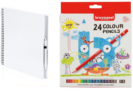 Schetsboek/tekenboek wit met 24 kleurpotloden Blauw