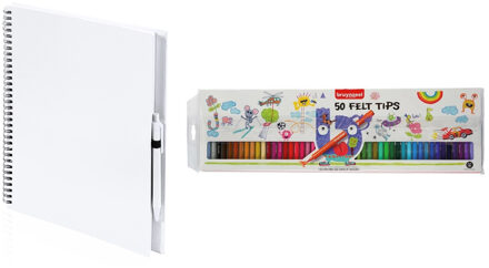 Schetsboek/tekenboek wit met 50 viltstiften