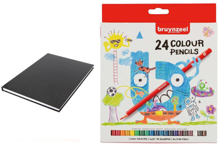 Schetsboek/tekenboek zwart A4 formaat 80 vellen met 24 kleurpotloden - Schetsboeken