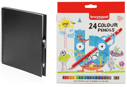 Schetsboek/tekenboek zwart met 24 kleurpotloden