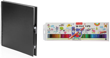Schetsboek/tekenboek zwart met 50 viltstiften