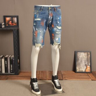 Schilderen Gescheurd Gat Denim Shorts Zomer Mannen Gedrukt Knie Lengte Broek Streetwear Toevallige Korte Jeans 33