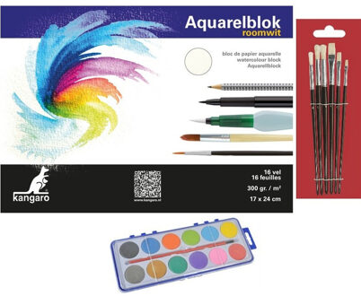 Schilderen waterverf set met 7 kwasten en aquarelblok 24 x 17 cm