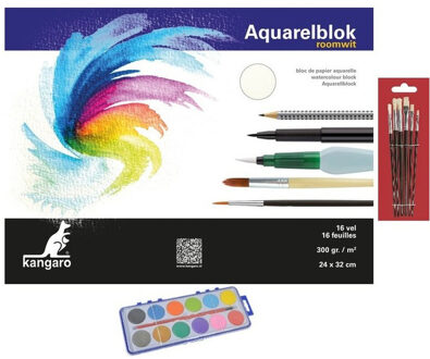 Schilderen waterverf set met 7 kwasten en aquarelblok 24 x 17 cm