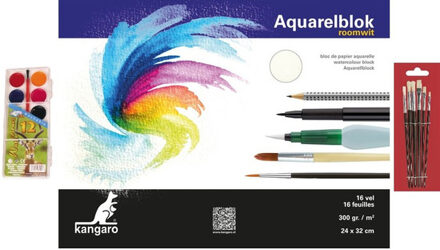 Schilderen waterverf set met 7 kwasten en aquarelblok 32 x 24 cm