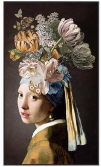 Schilderij Meisje met de Parel met bloemen - multikleur - 118x70 cm - Leen Bakker Multikleur#Zwart - 70 x 118